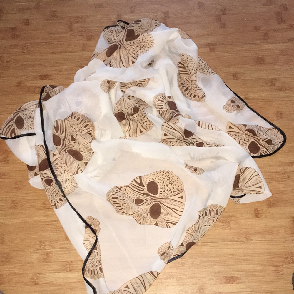 Sheer Cream and Brown Scarf with Skulls